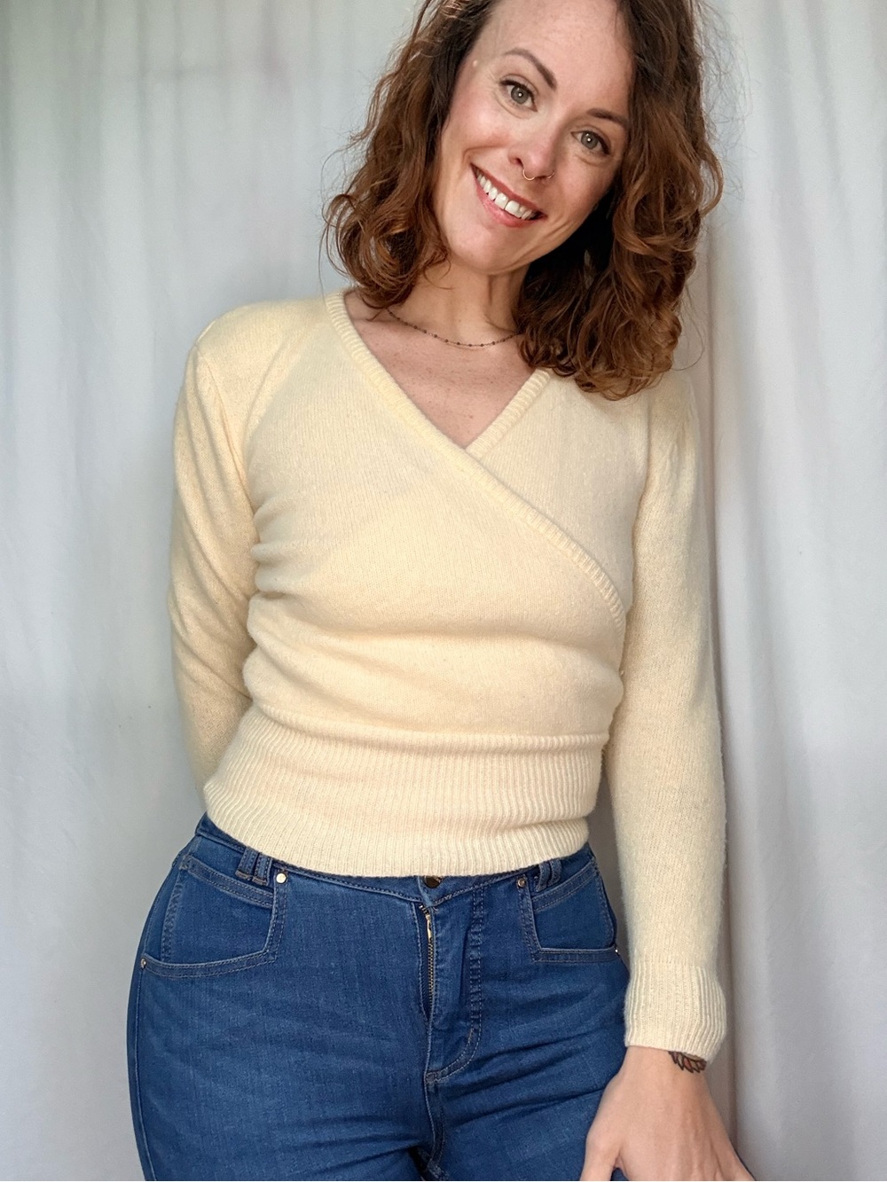 VINTAGE SK & Company Cream Wrap V-Neck Sweater
